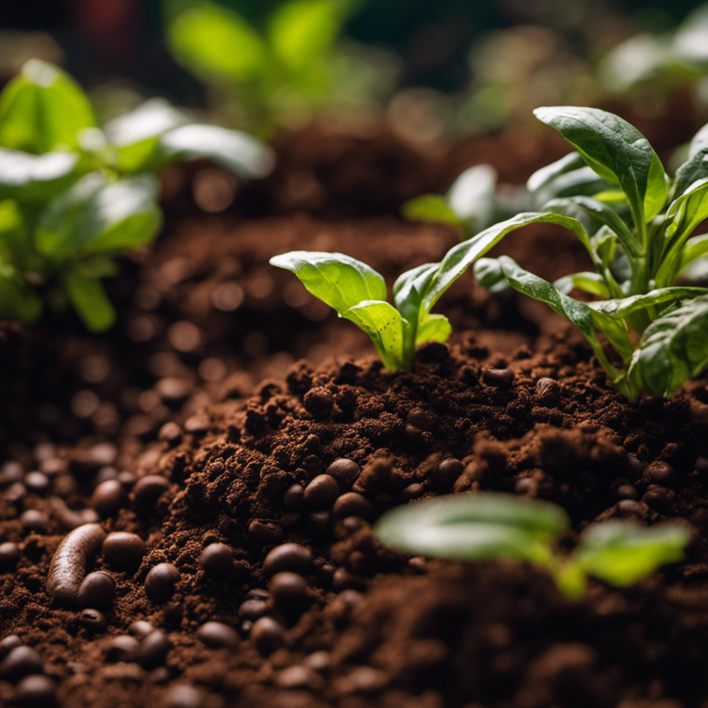 An image showcasing a lush garden bed filled with nutrient-rich soil made from coffee grounds