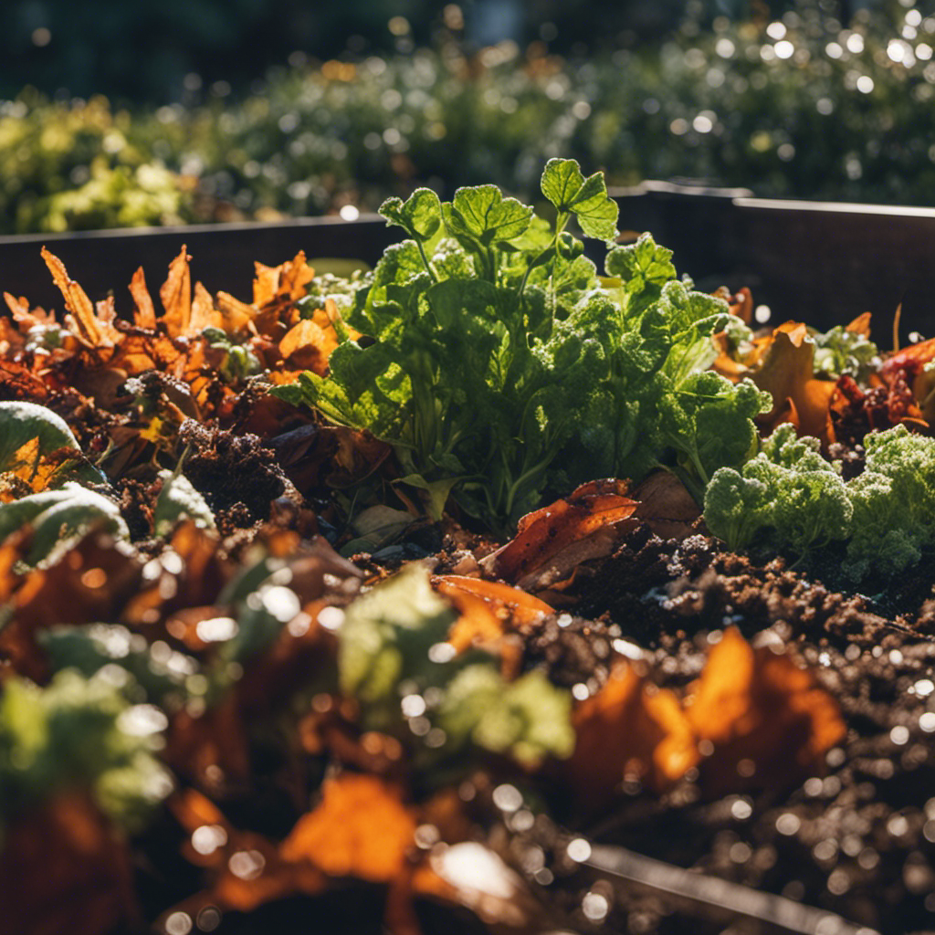 An image showcasing a frost-covered garden bed with layers of vegetable scraps, fallen leaves, and grass clippings