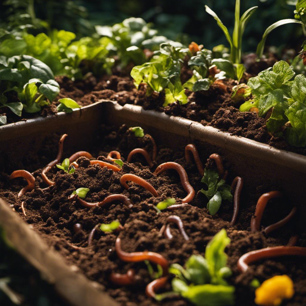 An image of a lush garden bed with a deep trench filled with kitchen scraps, leaves, and soil