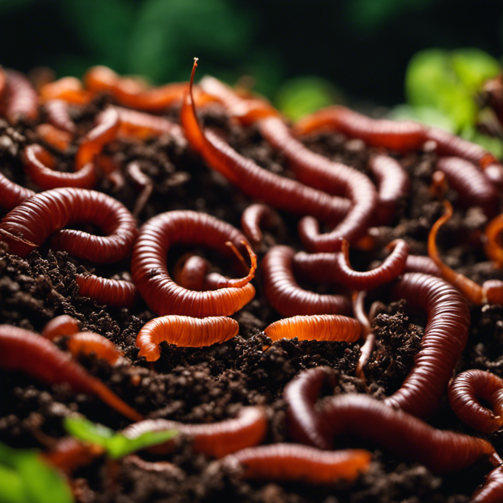 An image showcasing the process of vermiculture composting – a luxurious earthy bed of nutrient-rich soil teeming with wriggling red worms, feasting on organic waste, while vibrant plants thrive above