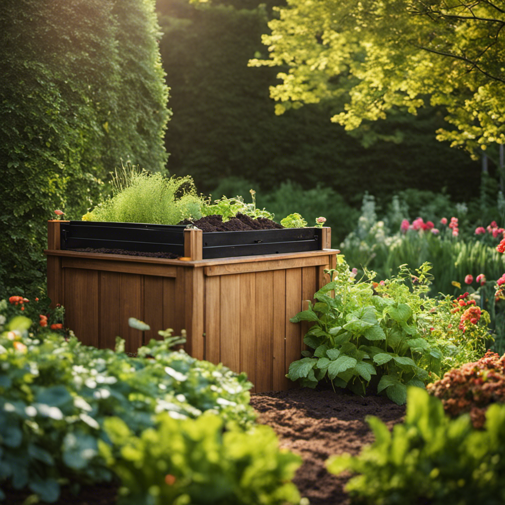 An image showcasing a well-maintained, wooden compost bin nestled beside a lush garden bed