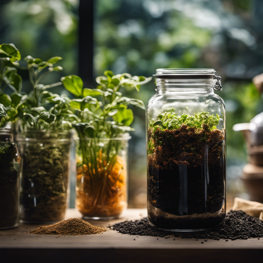 An image showcasing the process of brewing compost tea: a glass jar filled with nutrient-rich compost, bubbling with air stones, while a mesh bag holds the ingredients, ready to infuse the water with essential plant-boosting goodness