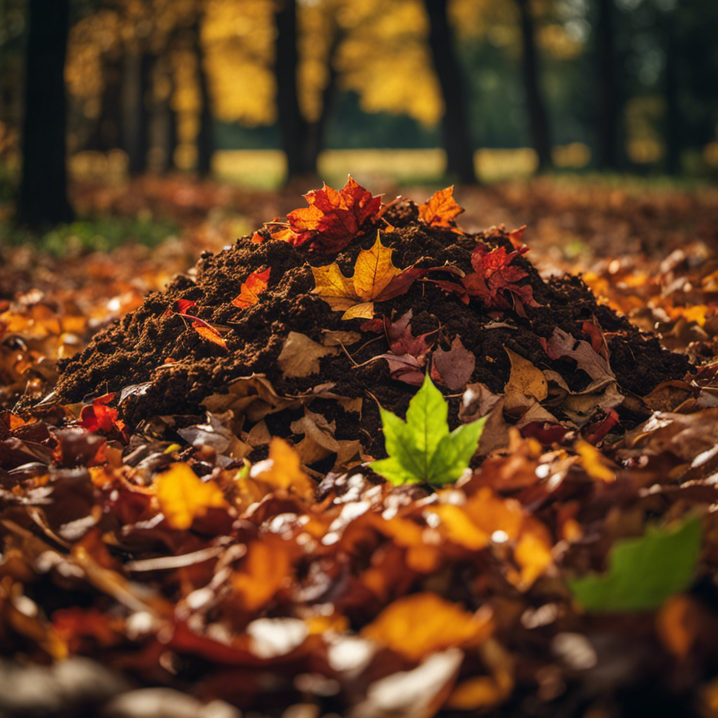 An image showcasing the process of leaf mold composting: a pile of vibrant autumn leaves layered with organic matter like grass clippings and kitchen scraps, gradually transforming into dark, nutrient-rich soil under a canopy of trees