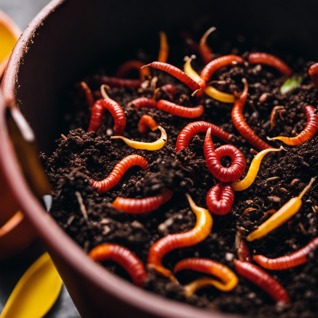 An image showcasing a vibrant vermicomposting setup with a variety of organic waste, such as fruit peels and coffee grounds, being broken down by red wiggler worms in a well-ventilated bin