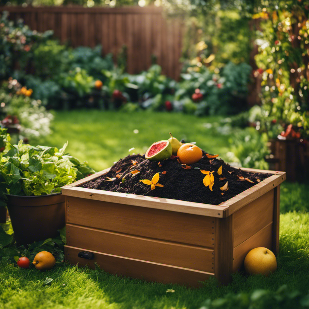 An image showcasing a lush backyard garden with a compost bin positioned in the corner, surrounded by a variety of organic materials such as fruit peels, leaves, and grass clippings