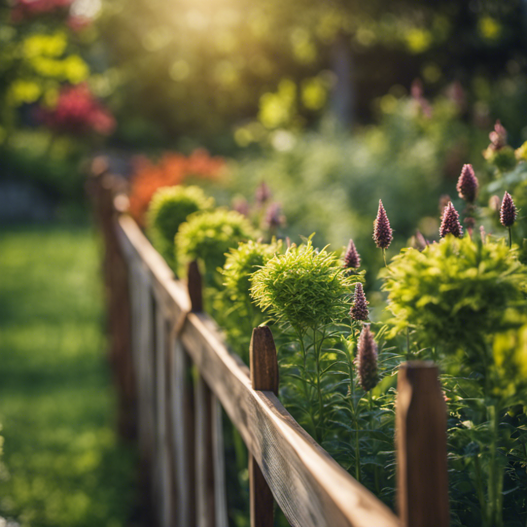 An image showcasing physical barriers for organic gardens' pest control: a beautiful wooden fence enveloping a thriving garden, with tall, slender netting draped over it, protecting the plants from pesky insects