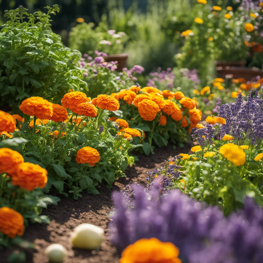 An image showcasing a bountiful organic garden with a harmonious blend of marigolds, lavender, and basil interplanted with vegetables like tomatoes and cucumbers