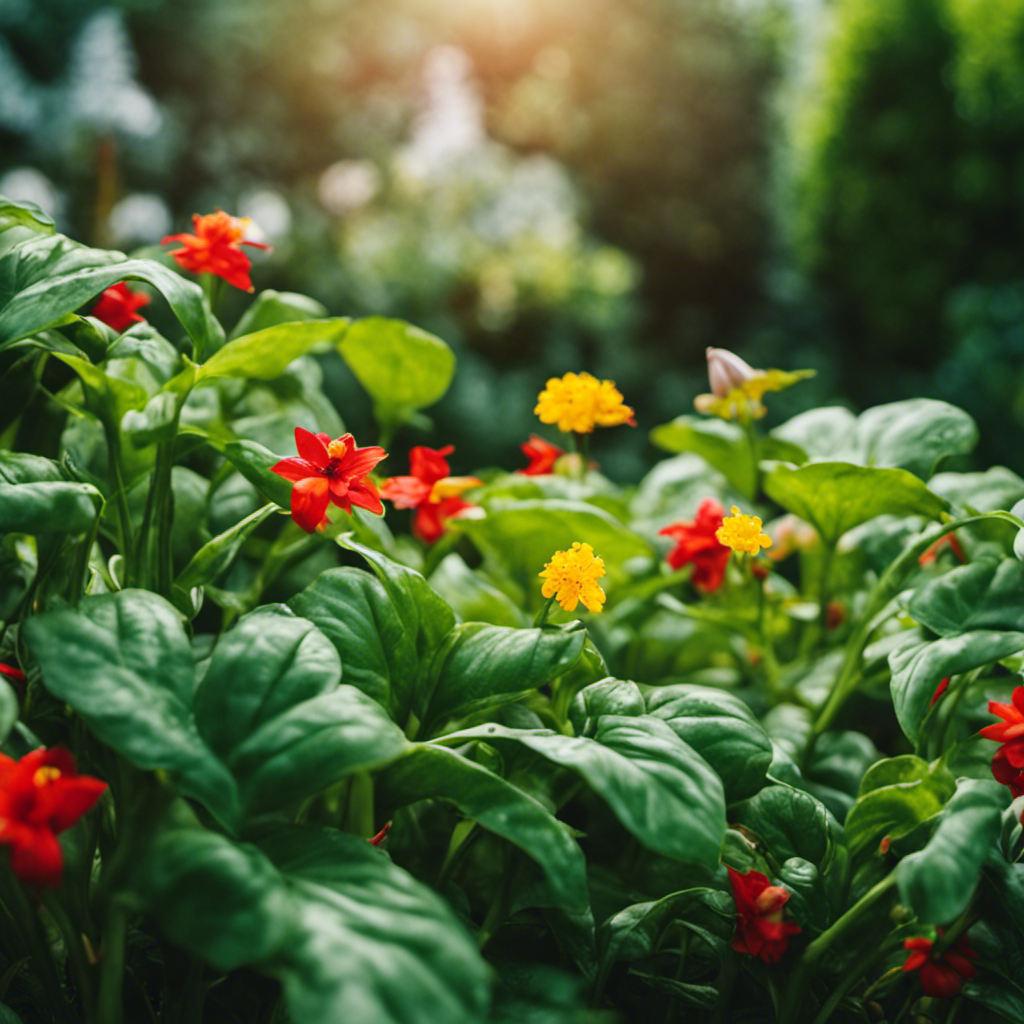 An image showcasing a lush garden scene with vibrant, blooming plants