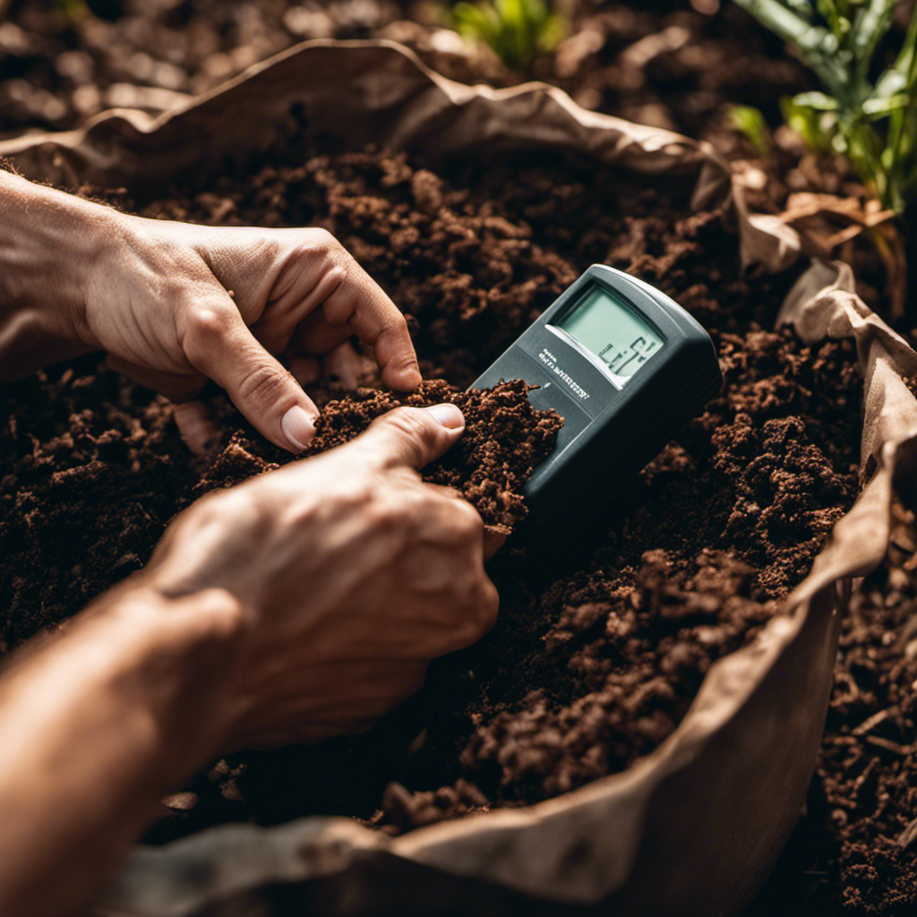 An image featuring a close-up of a gardener's hands, carefully adjusting a moisture meter in a compost pile