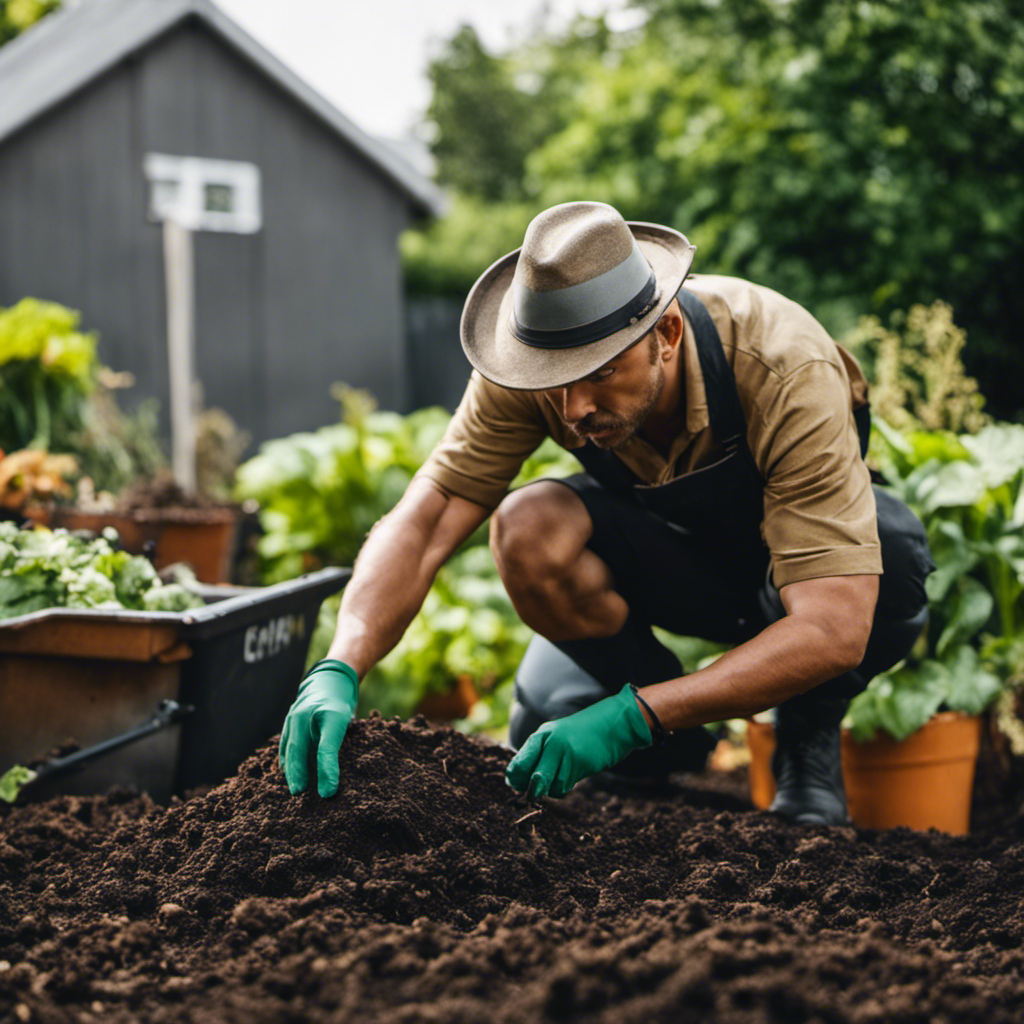 An image showcasing a gardener examining a pile of compost, with a concerned expression, while surrounded by wilting plants and pests