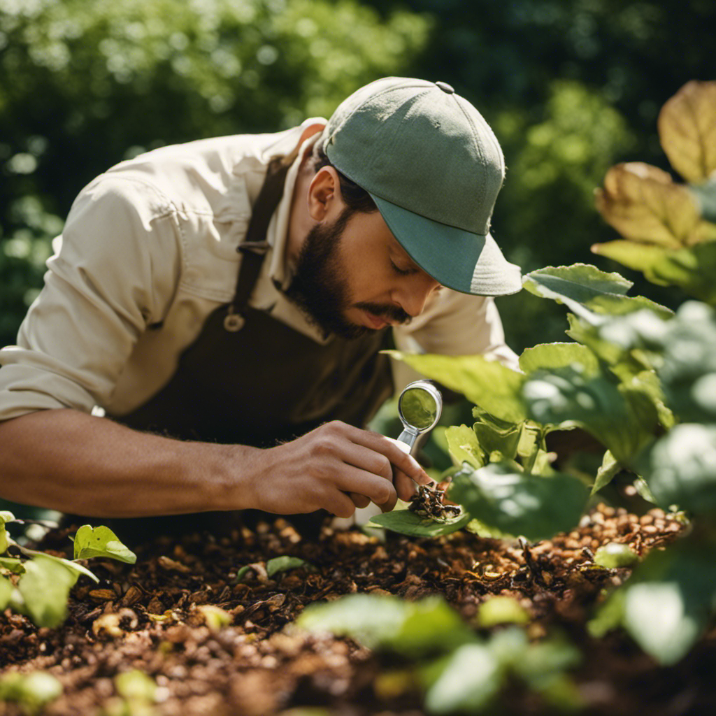 An image capturing the moment a gardener closely inspects leaves, searching for signs of garden pests