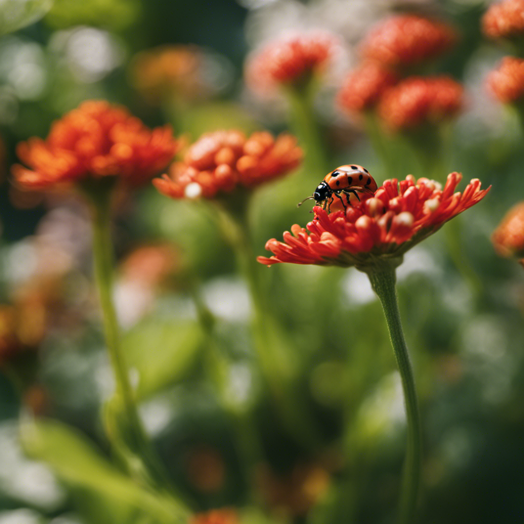 An image capturing a lush garden thriving with vibrant plants, surrounded by ladybugs and bees