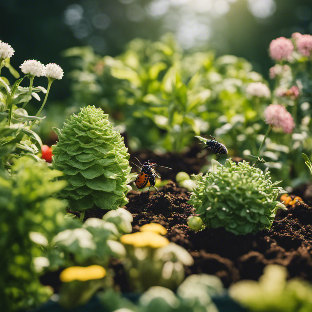 An image depicting a lush, thriving organic garden, showcasing a gardener meticulously inspecting plants for pests, implementing natural pest control techniques such as companion planting, netting, and handpicking, ensuring a harmonious transformation towards an insect-free oasis