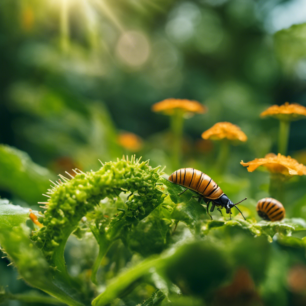 An image depicting a lush organic garden being invaded by pests like aphids, snails, and caterpillars