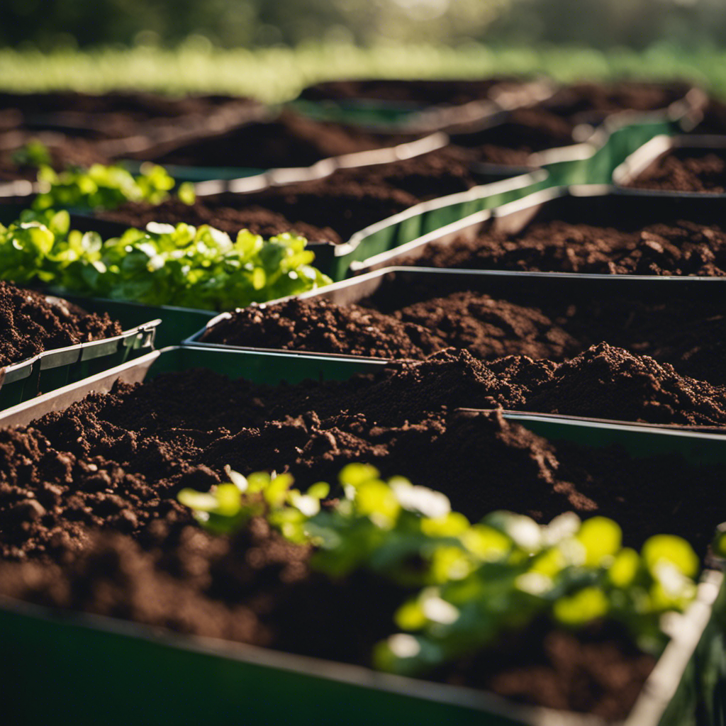 An image showcasing a thriving organic farm, with meticulously arranged compost bins teeming with earthworms