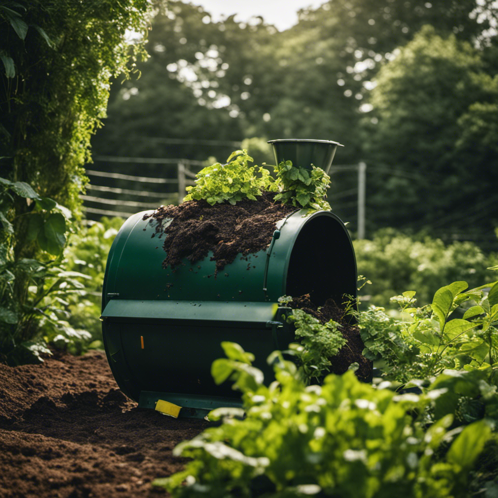 An image showcasing a compost tumbler surrounded by lush, green plants in a thriving organic farm