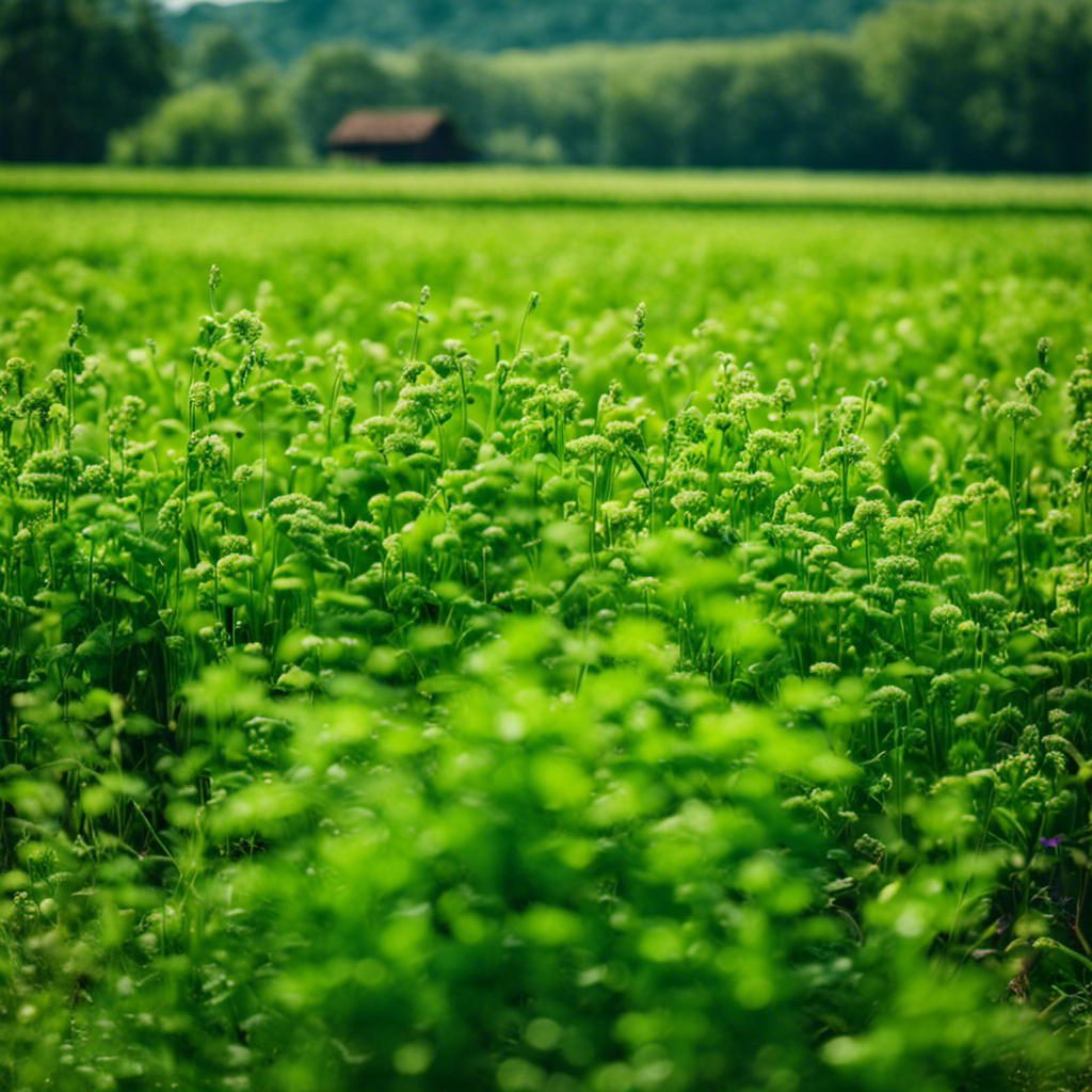 An image showcasing the vibrant, lush green fields of an organic farm, with rows of diverse cover crops like clover, vetch, and rye