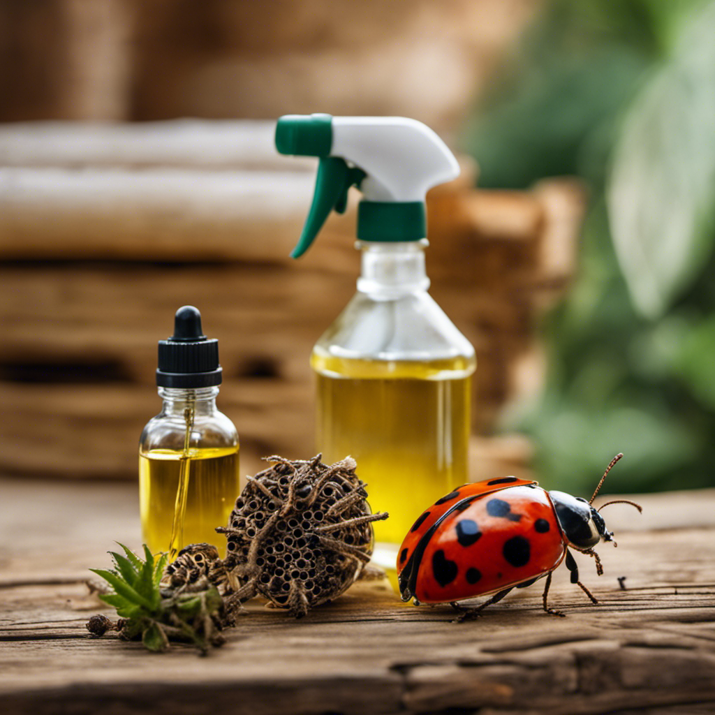 An image showcasing a diverse array of essential tools for organic pest control, such as ladybugs, lacewings, sticky traps, row covers, and neem oil sprayer, all neatly arranged on a rustic wooden table