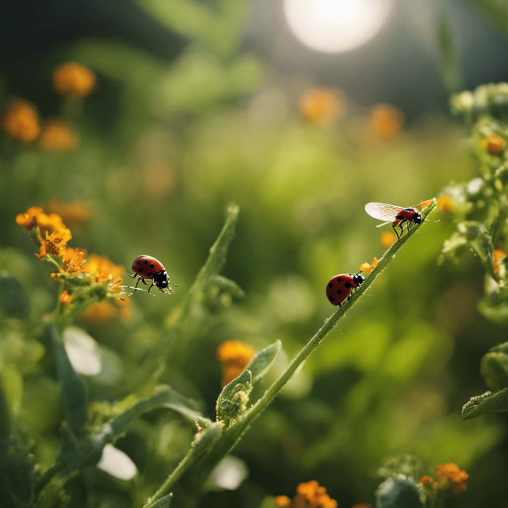 An image showcasing a lush organic garden with a diverse range of beneficial insects, such as ladybugs, lacewings, and praying mantises, actively preying on harmful pests, ensuring a thriving and balanced ecosystem