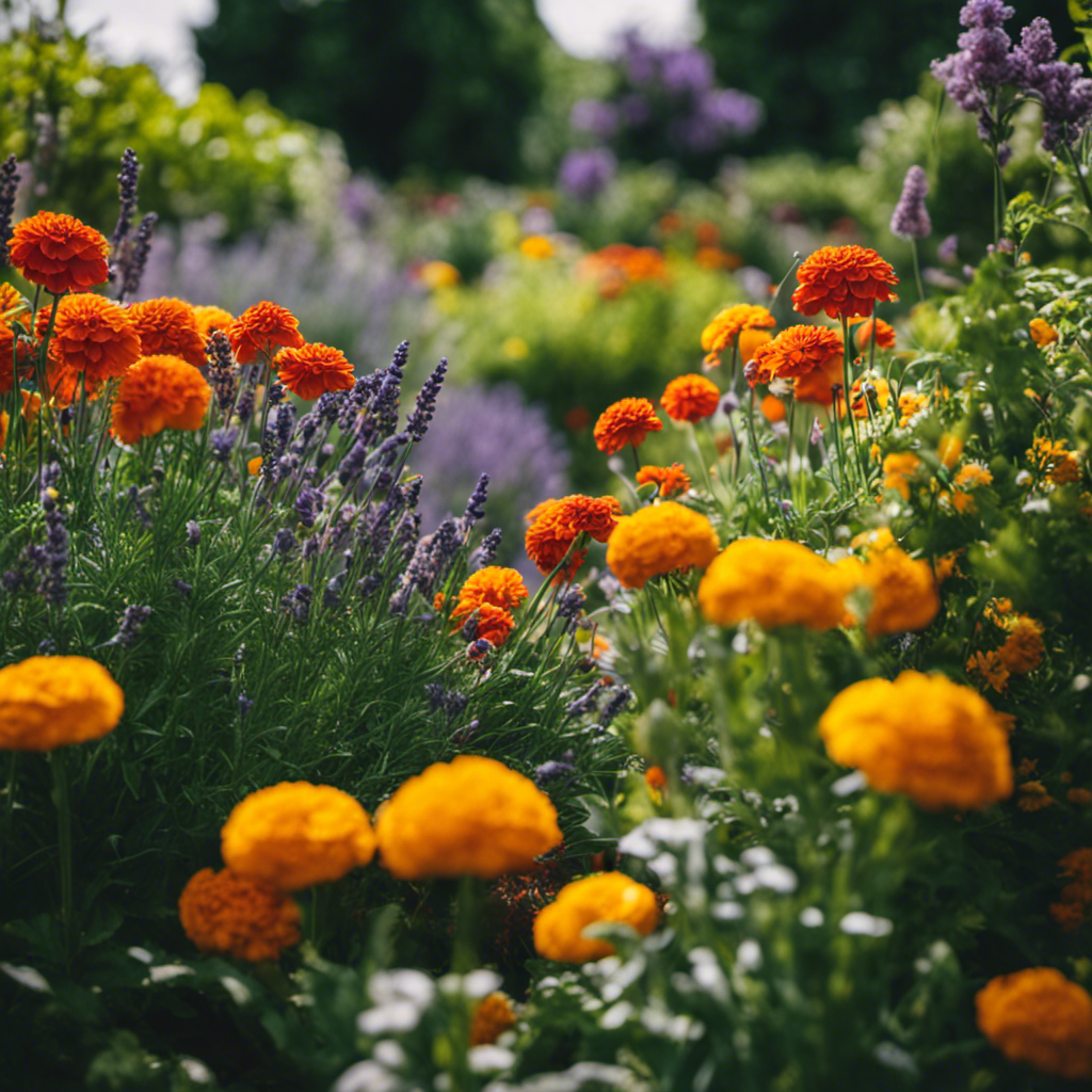 An image showcasing a lush garden scene, with vibrant flowers and thriving vegetables, surrounded by strategically placed plants like marigolds, lavender, and garlic, all acting as natural repellents against common garden pests