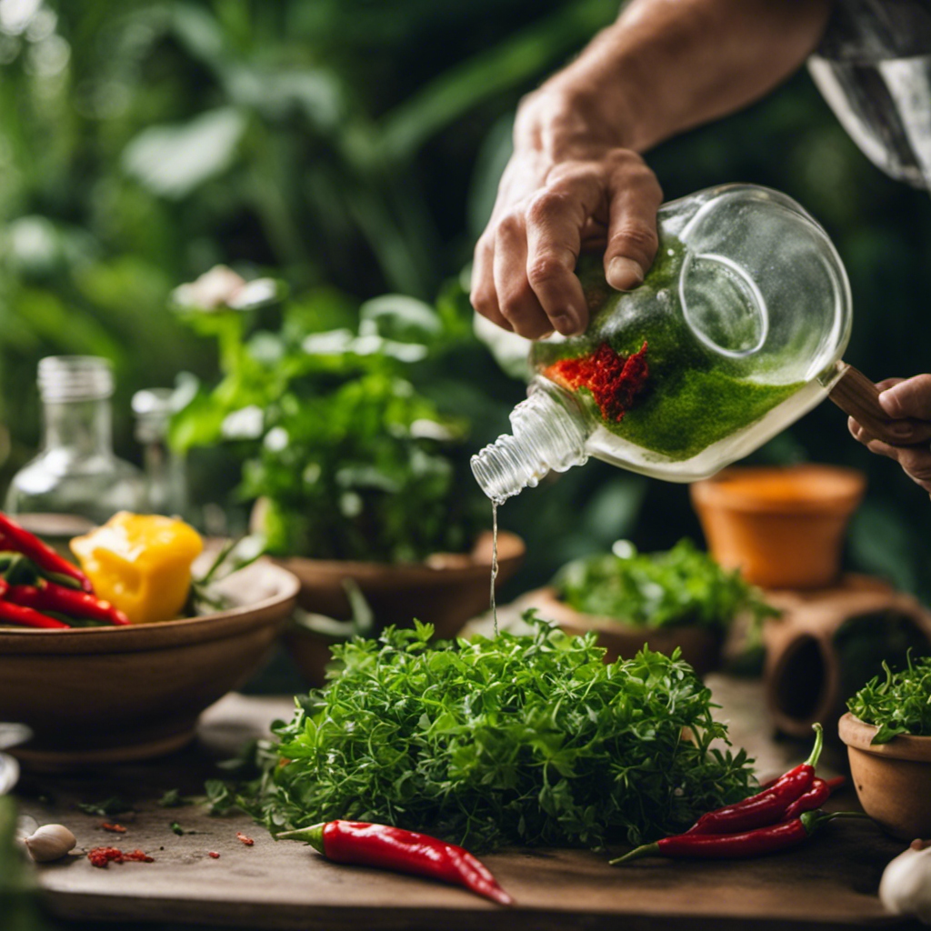 An image that showcases a gardener mixing a concoction of garlic, chili peppers, and soapy water in a spray bottle, with a backdrop of lush greenery and thriving plants