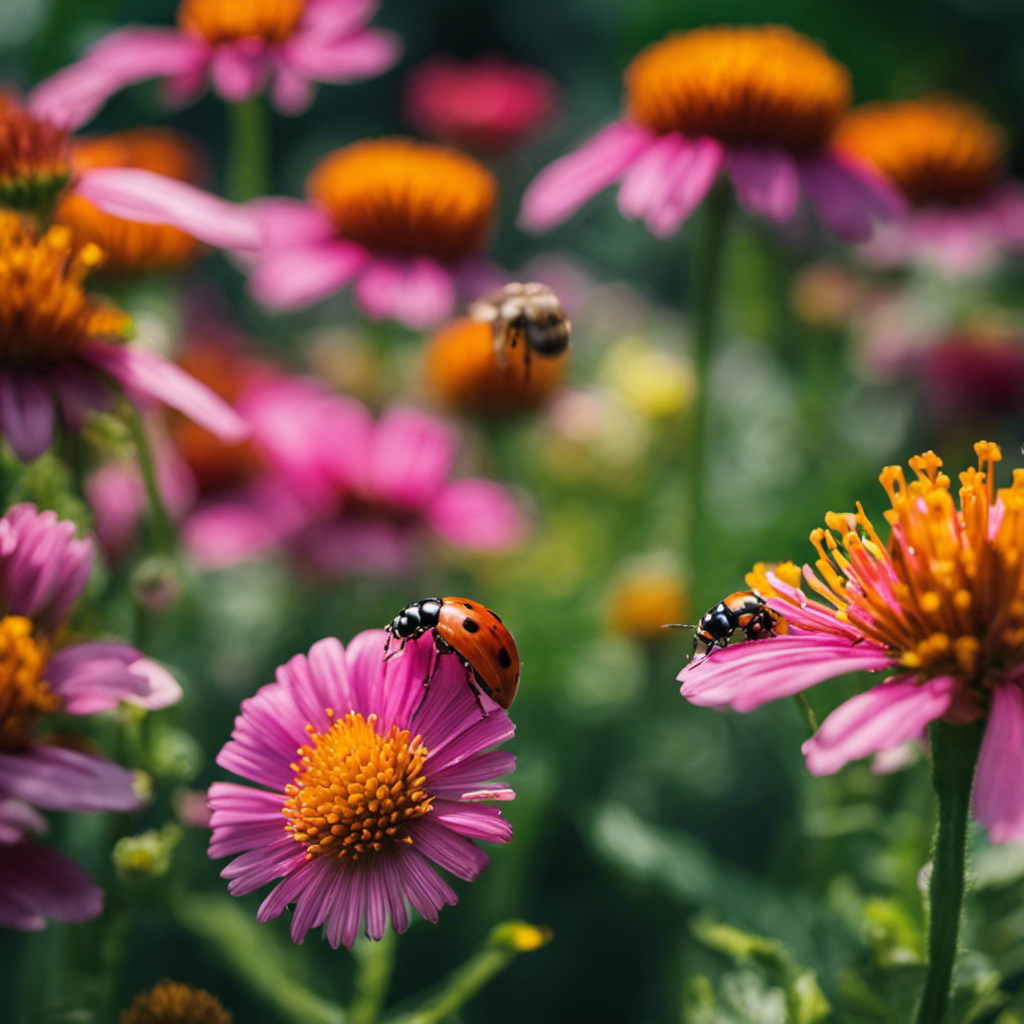 An image showcasing a lush garden teeming with colorful flowers, where ladybugs delicately feast on aphids, while bees pollinate nearby