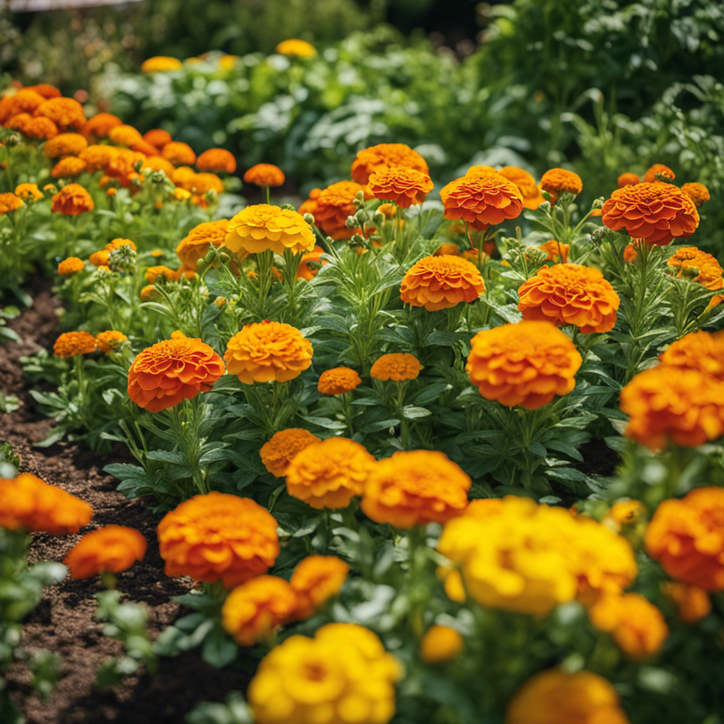 An image depicting a lush garden bed with diverse plants, showcasing how marigolds repel pests, while basil attracts beneficial insects