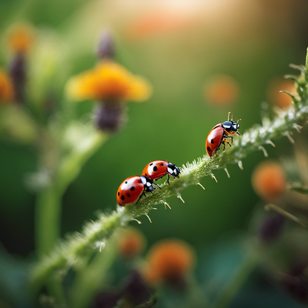 An image depicting a vibrant garden with ladybugs calmly devouring aphids, lacewings feasting on caterpillars, and nematodes eliminating unwanted pests, showcasing the harmonious coexistence of natural biological controls in your pest-free oasis