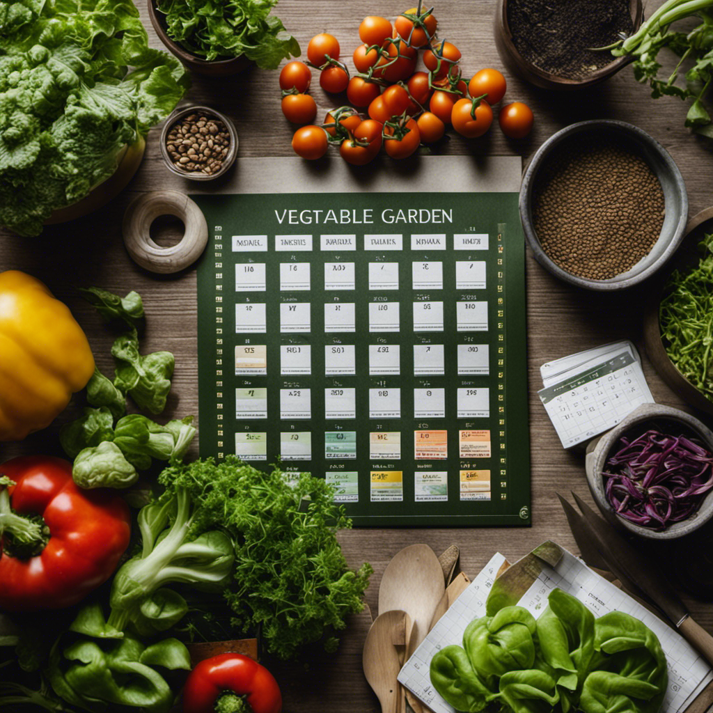 An image showcasing a meticulously organized garden plan, with various vegetable seed packets neatly arranged on a table