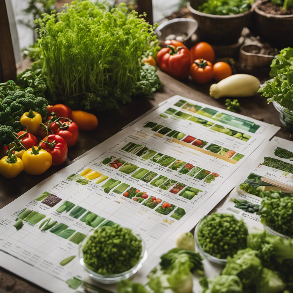 An image showcasing a meticulously organized garden plan, with various vegetable seed packets neatly arranged on a table