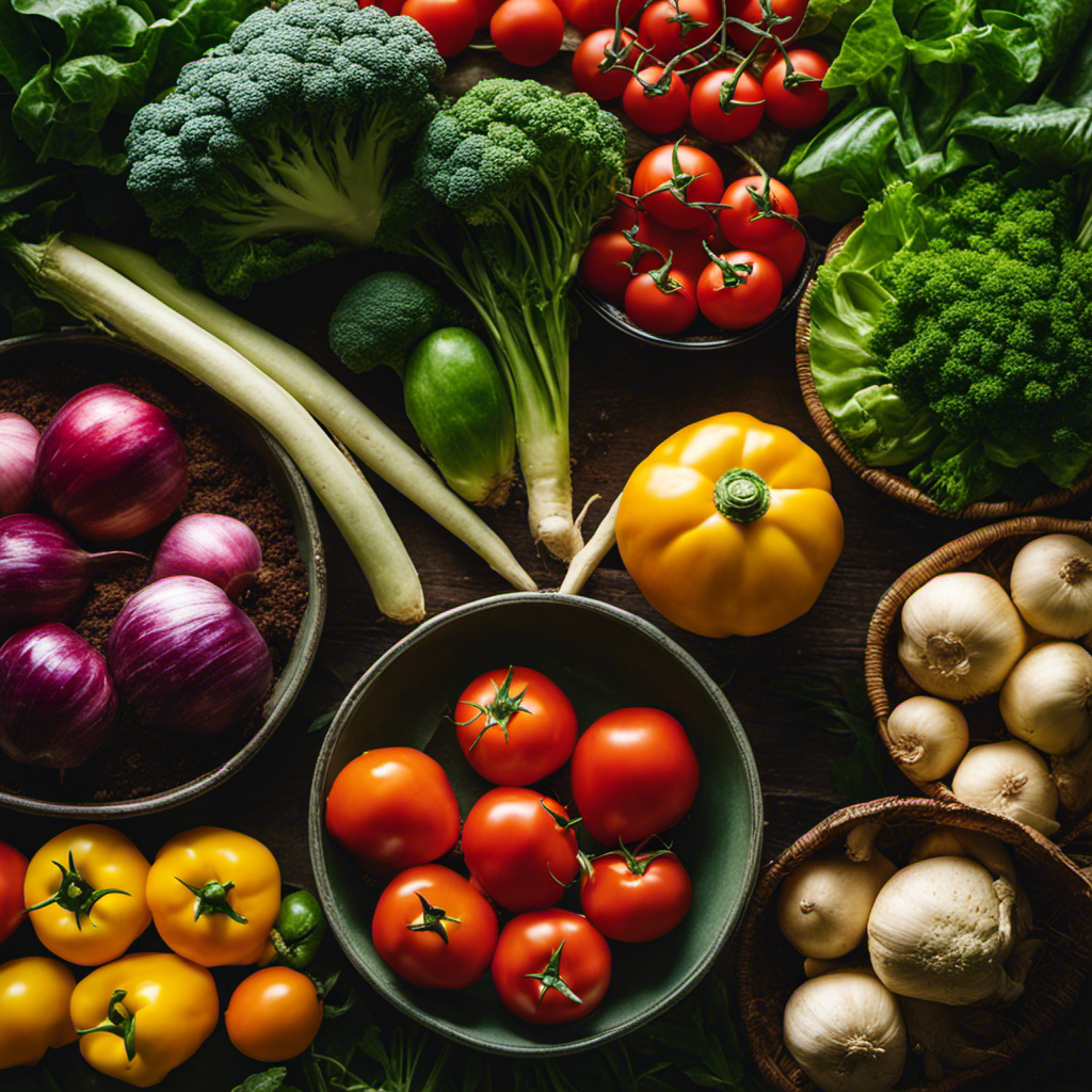 An image showcasing a diverse array of vibrant vegetables, representing various climate zones, soil types, and sunlight requirements