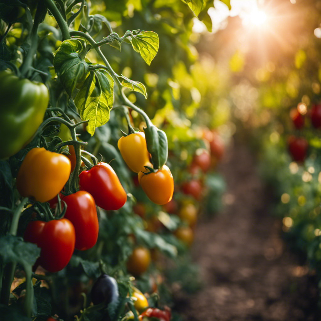 An image showcasing a lush garden filled with thriving tomato plants, vibrant bell peppers, and sun-kissed eggplants, basking in the warm glow of the sun, highlighting the best vegetables for flourishing in warm climates