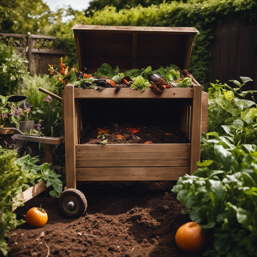 An image showcasing a wooden compost bin surrounded by a lush garden, with a wheelbarrow filled with kitchen scraps nearby