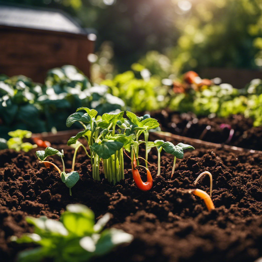 An image showcasing a vibrant, thriving garden bed filled with nutrient-rich, dark humus soil teeming with earthworms