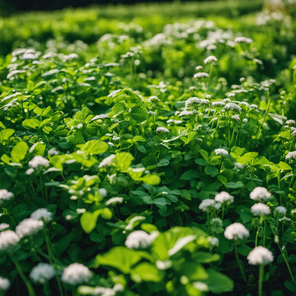 An image showcasing a lush garden bed filled with vibrant green manure crops like clover, buckwheat, and vetch, elegantly intermingled with decomposing plant matter, highlighting the symbiotic relationship between green manure and composting in organic gardening