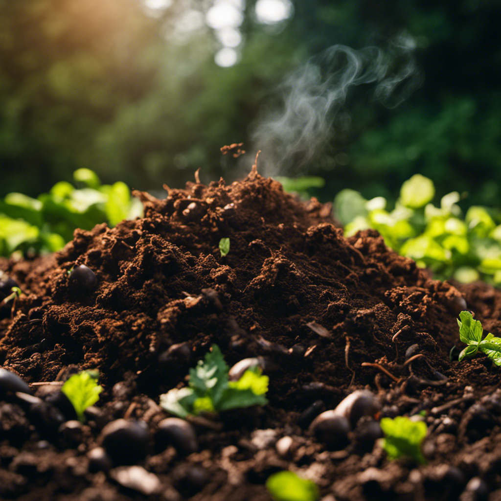 An image showcasing a vibrant, steaming compost pile, brimming with layers of nitrogen-rich green materials and carbon-rich brown materials