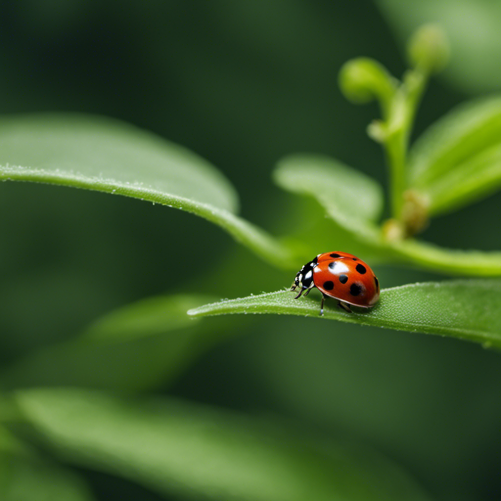 An image capturing a ladybug delicately perched on a green leaf, while a spider patiently weaves its web nearby