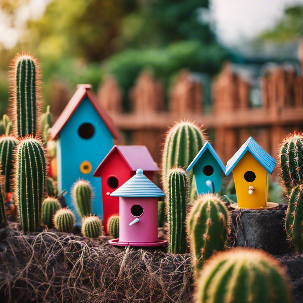 An image showcasing a home garden surrounded by a sturdy wire fence, topped with a series of colorful birdhouses, and lined with a row of prickly cacti acting as a physical barrier against pests