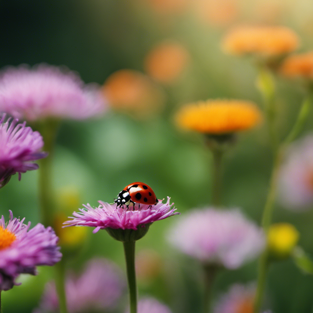 An image illustrating a lush home garden with ladybugs delicately perched on vibrant flowers, while spiders weave intricate webs nearby