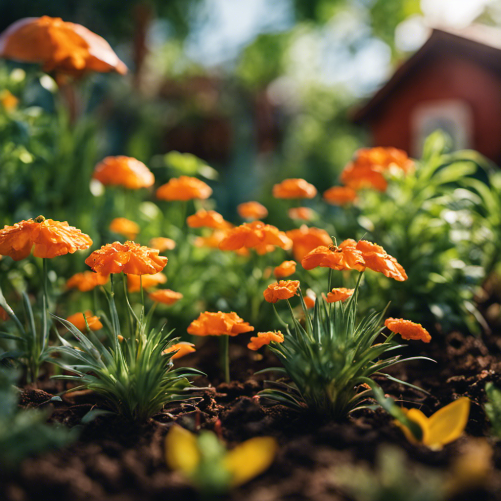 An image showcasing a vibrant home garden scene, with a DIY pest repellent station at its center