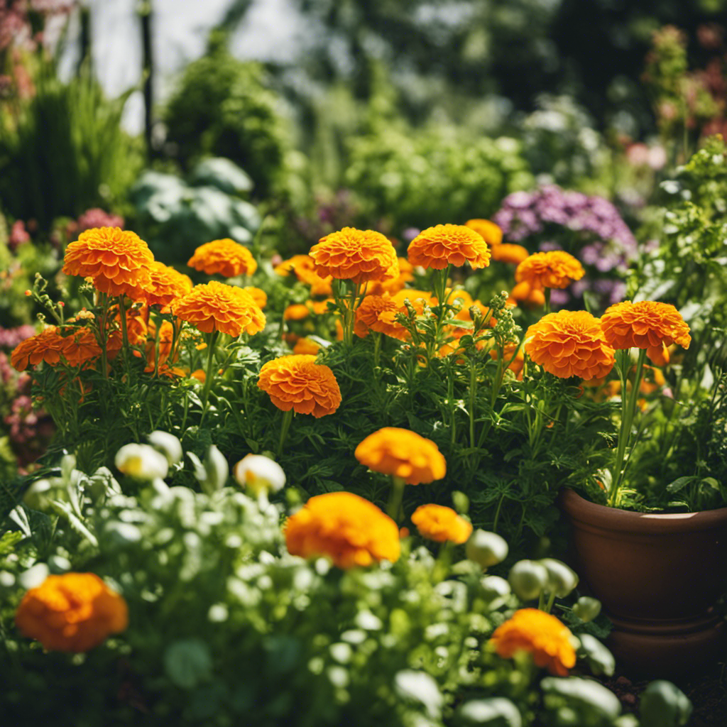 An image showcasing a lush home garden with a diverse array of companion plants, such as marigolds, garlic, and basil, interplanted with vegetables, forming a harmonious ecosystem that effectively deters pests