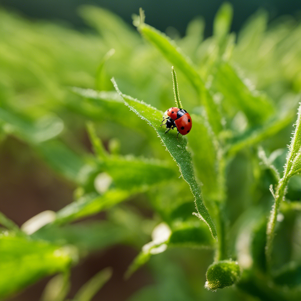 An image showcasing a lush, vibrant farm landscape teeming with ladybugs, lacewings, and praying mantises amidst rows of organic crops, illustrating the important role of natural predators and beneficial insects in green pest control for eco-farming