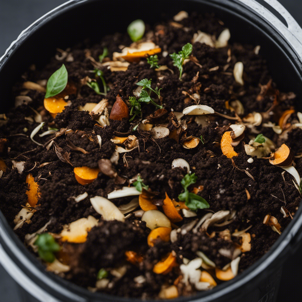 An image showcasing the step-by-step process of Bokashi composting: a closed bin with layers of kitchen scraps, Bokashi bran, and beneficial microorganisms, gradually transforming into dark, nutrient-rich compost