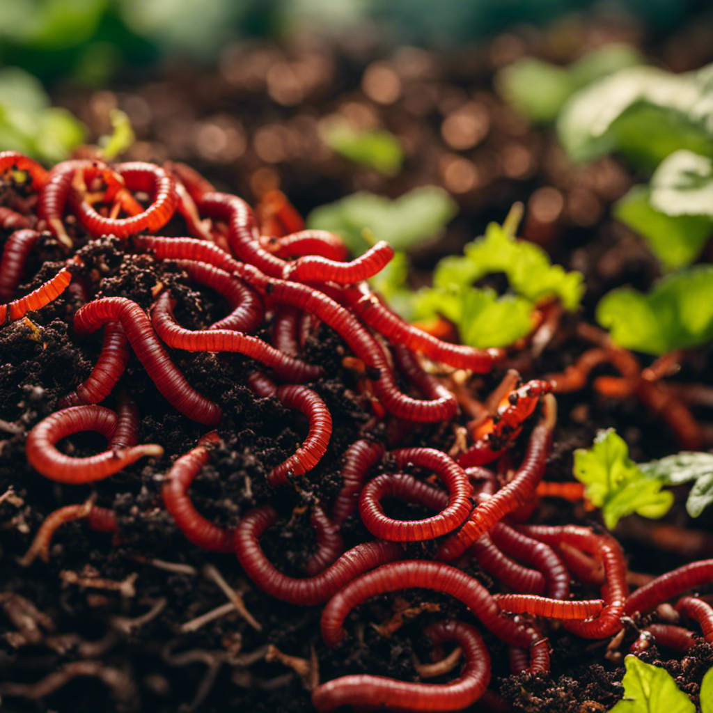 An image featuring a vibrant garden bed teeming with red wiggler worms diligently working on decomposing organic waste