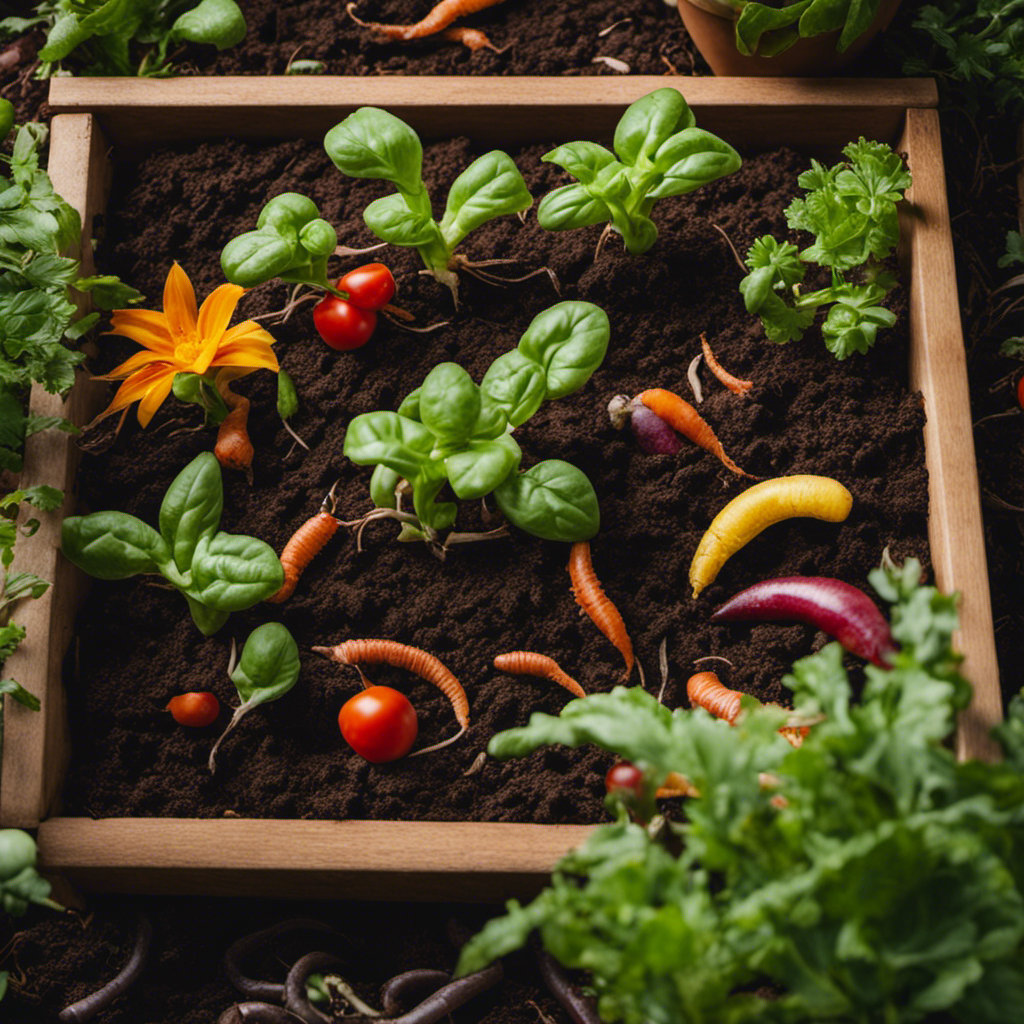 An image showcasing a vibrant, flourishing garden bed filled with nutrient-rich soil, teeming with worms, and surrounded by a collection of assorted kitchen scraps being transformed into compost