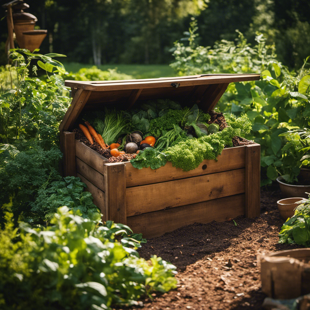 An image showcasing a rustic, wooden compost bin nestled in a lush garden, filled with layers of organic materials like vegetable scraps, leaves, and grass clippings, emanating a rich earthy aroma