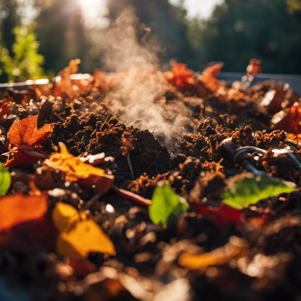 An image of a vibrant compost pile steaming in the sunlight, surrounded by leaves, kitchen scraps, and a thermometer showing a high temperature, symbolizing the accelerated decomposition process of hot composting