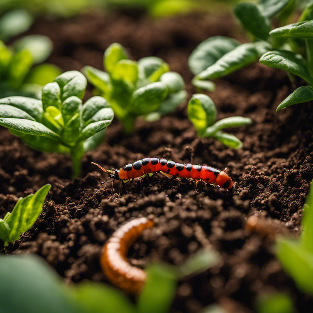 An image showcasing a lush garden bed with thriving crops, surrounded by a protective barrier of beneficial insects