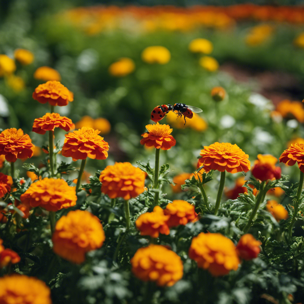 An image showcasing a vibrant garden bed with marigolds and tomatoes interplanted, while ladybugs and lacewings hover above, illustrating the powerful synergy of companion planting for pest prevention