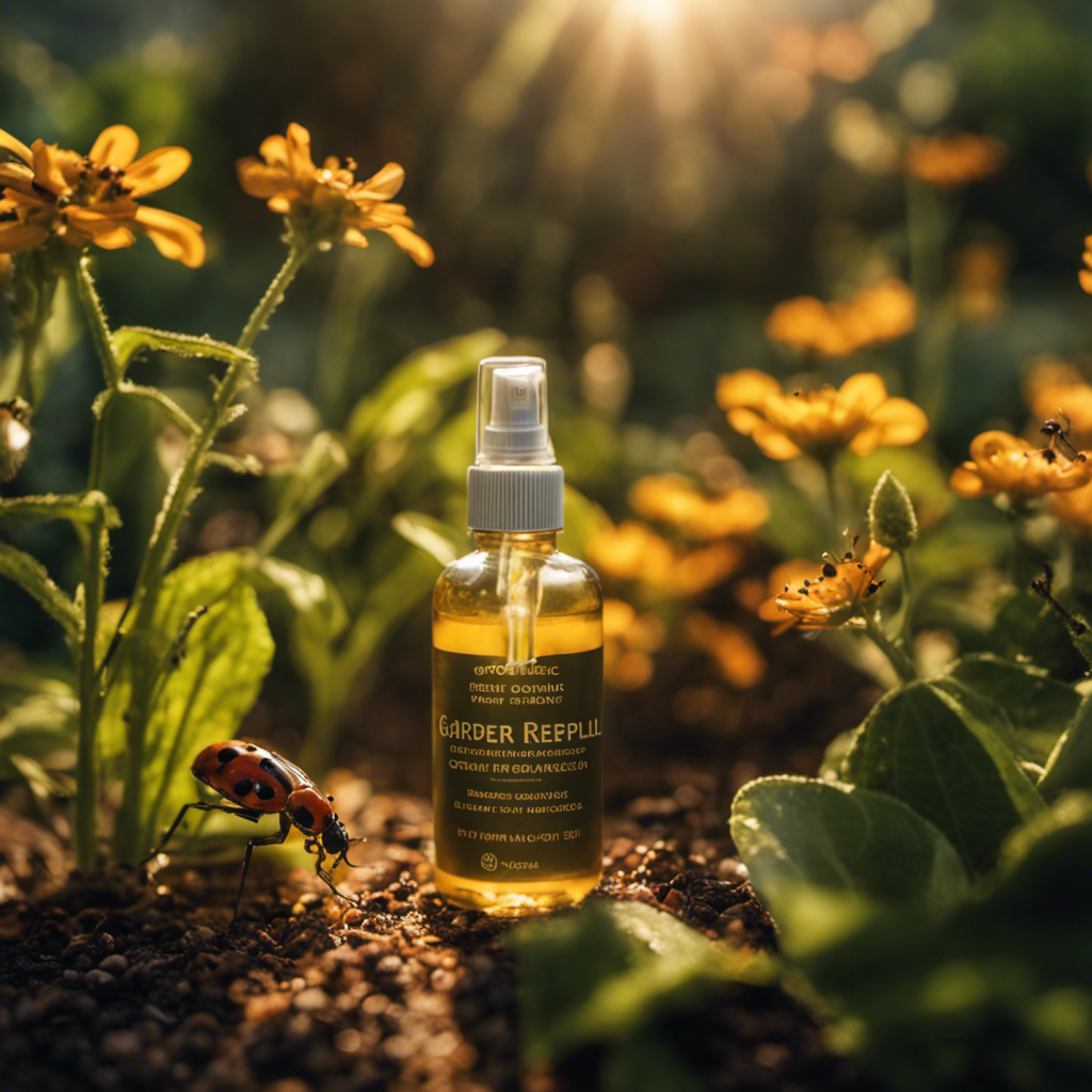 An image showcasing a lush garden bathed in golden sunlight, with a gardener holding a spray bottle filled with homemade organic pest repellent